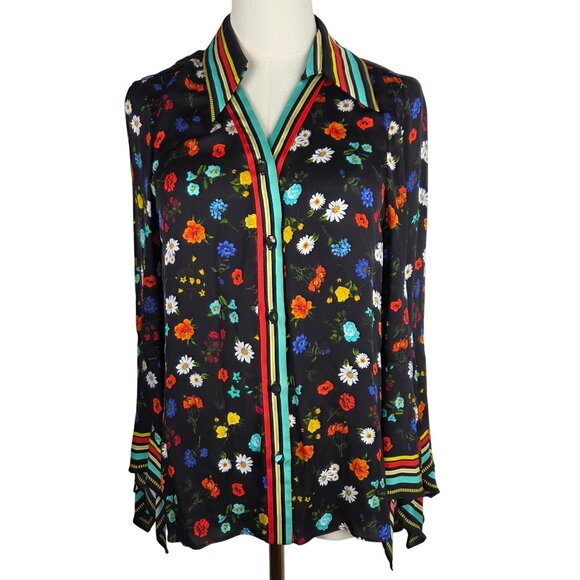 Alice + Olivia Randa Floral Bell Sleeve Blouse Top Medium Maximalism Boho Fun - Picture 3 of 12